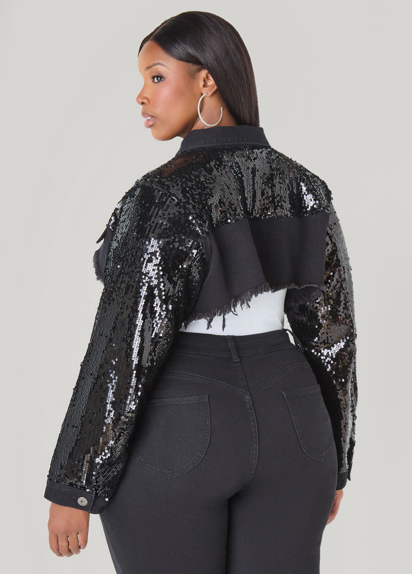 Sequined Cropped Denim Jacket