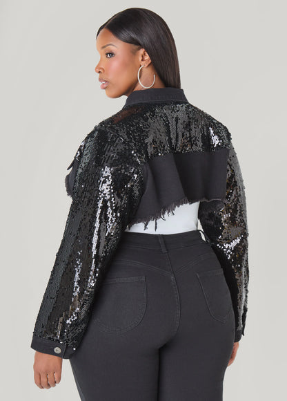 Sequined Cropped Denim Jacket