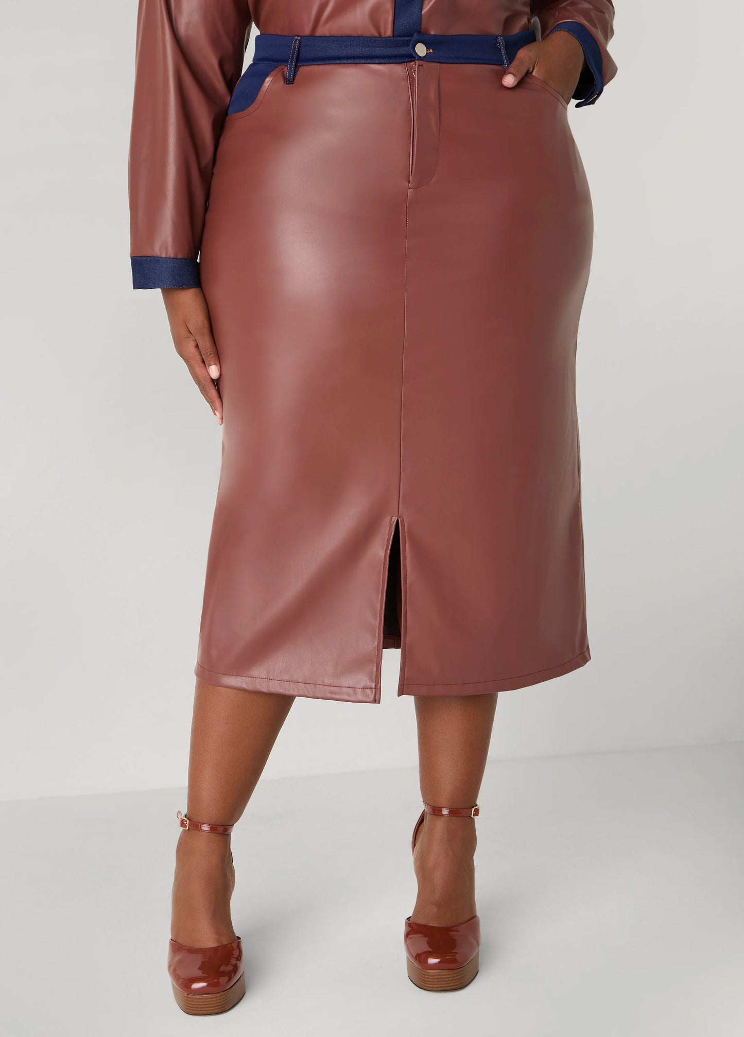 Denim Trimmed Faux Leather Skirt