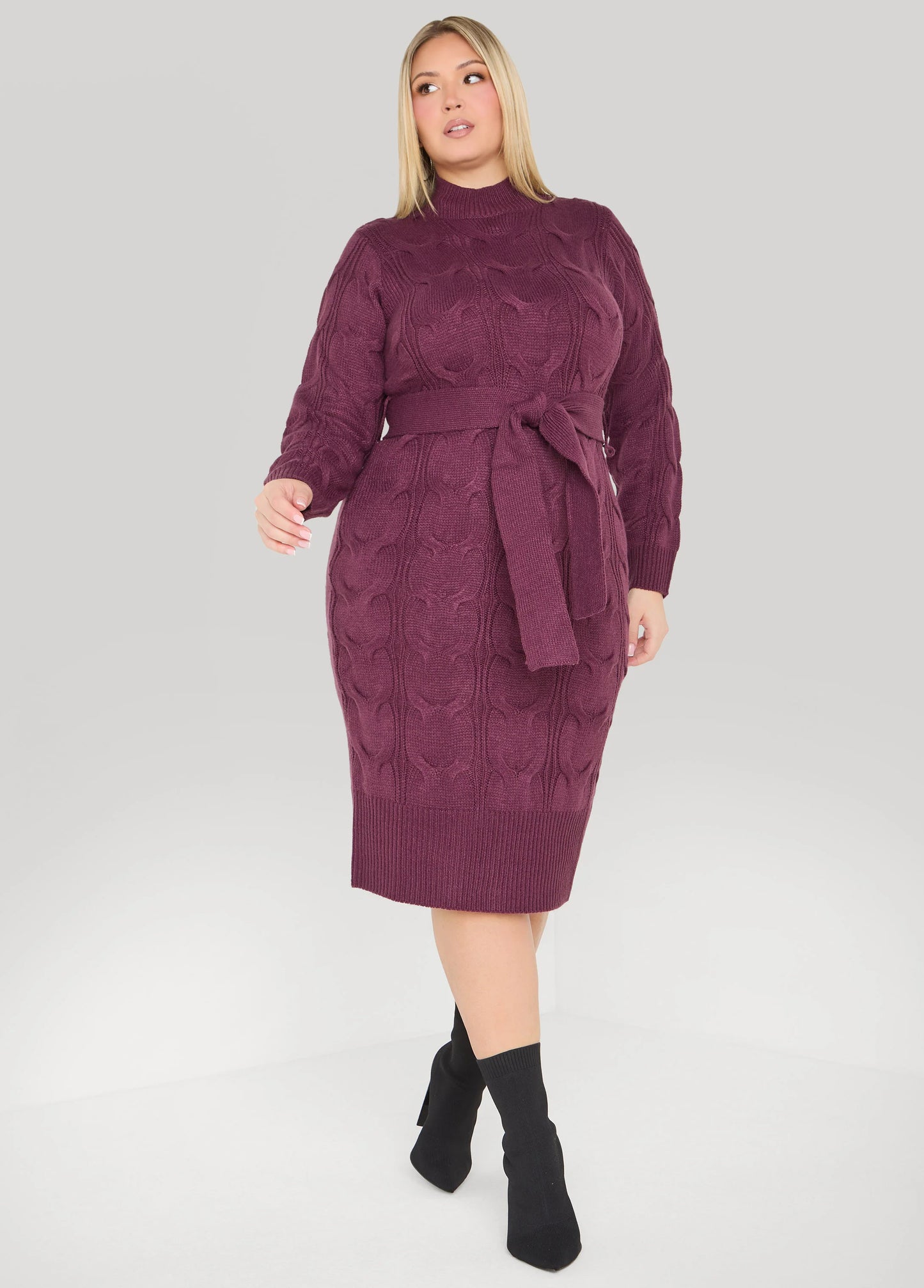 Belted Cable Knit Sweater Dress