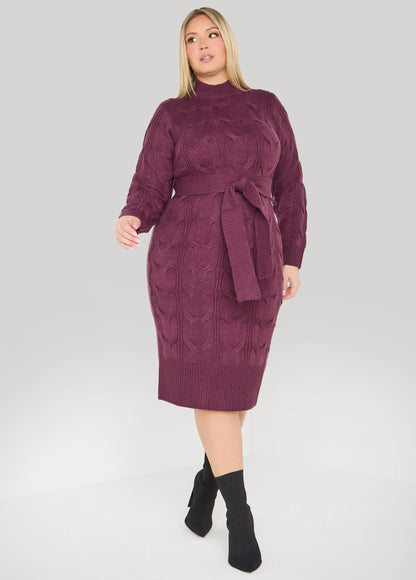 Belted Cable Knit Sweater Dress