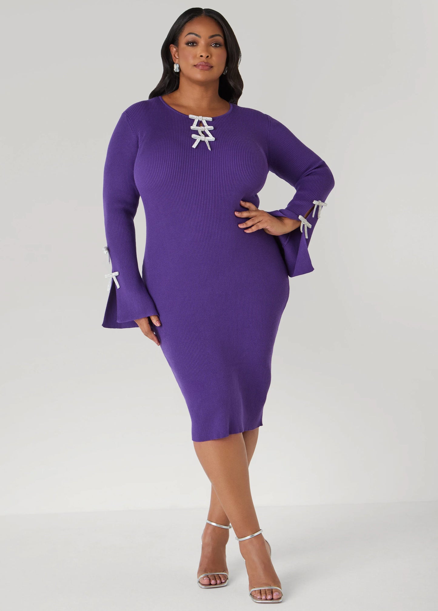 Crystal Bows Cutout Sweater Dress
