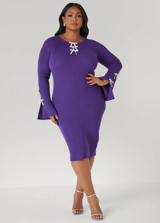 Crystal Bows Cutout Sweater Dress