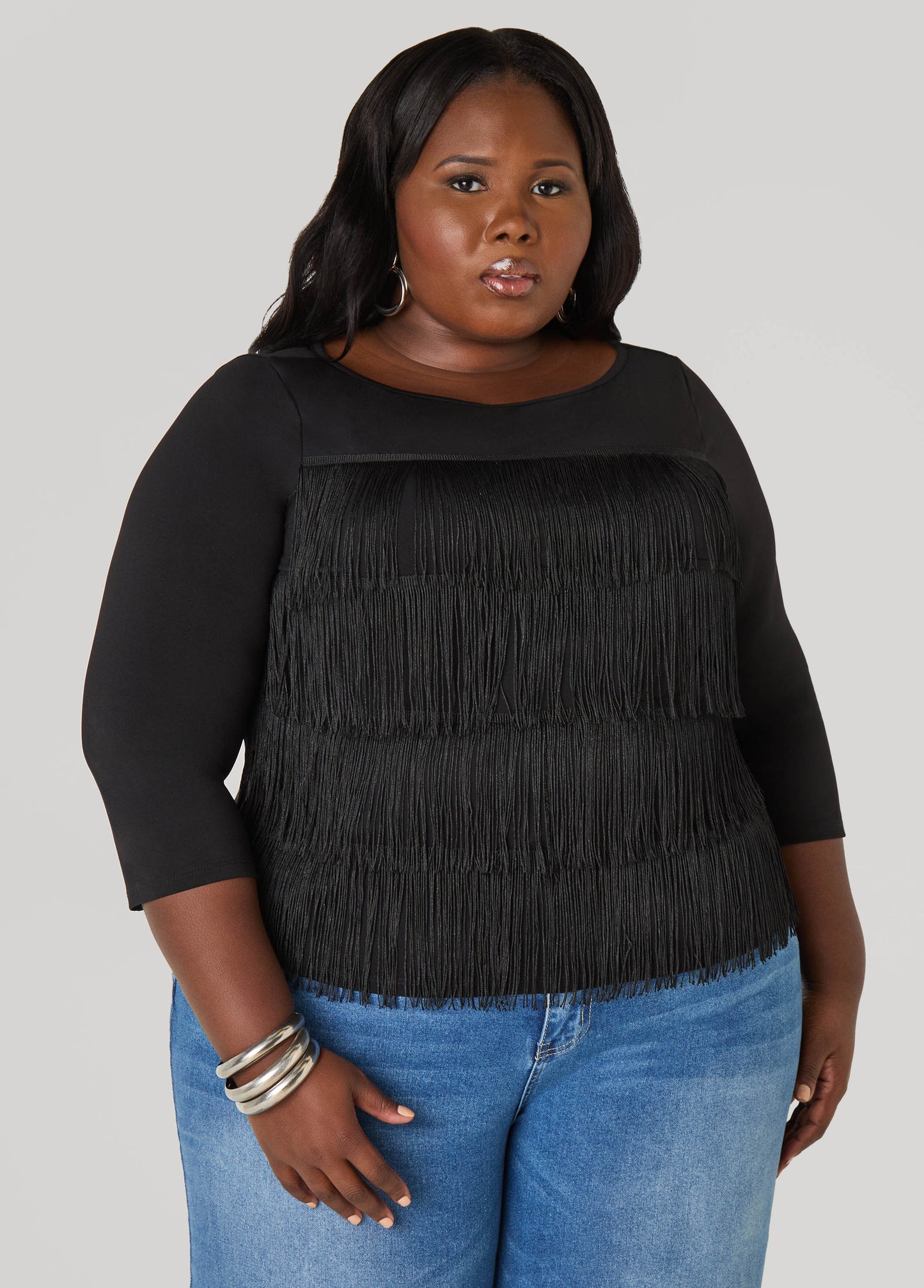 Fringed Stretch Knit Top