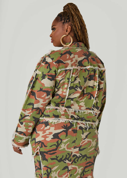 Cropped Camo Print Denim Jacket