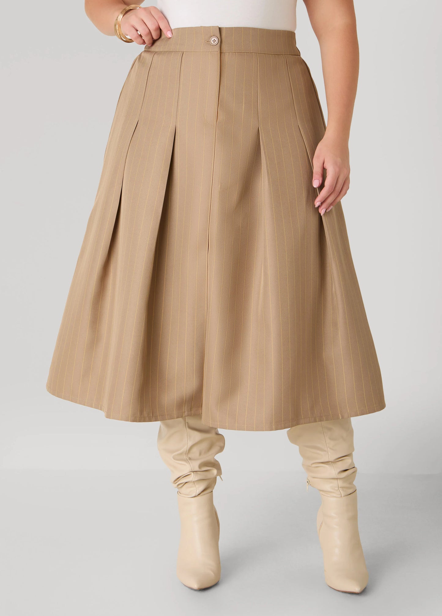 Pleated Striped Midi Skirt