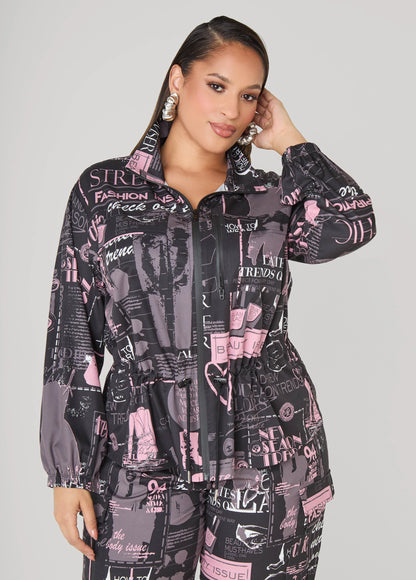 Newspaper Print Drawstring Jacket