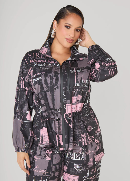 Newspaper Print Drawstring Jacket