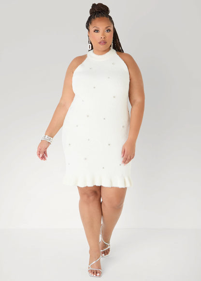 Flounced Embellished Sweater Dress