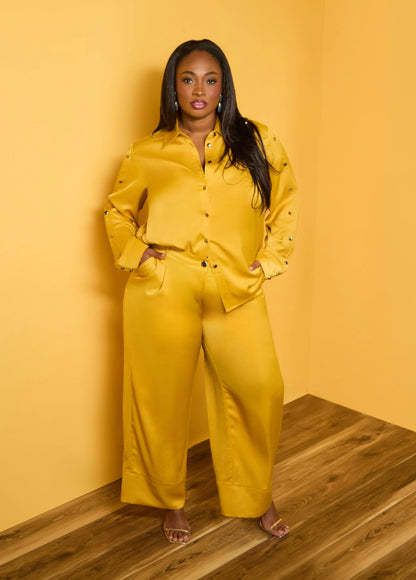 Pleated Satin Wide Leg Pants