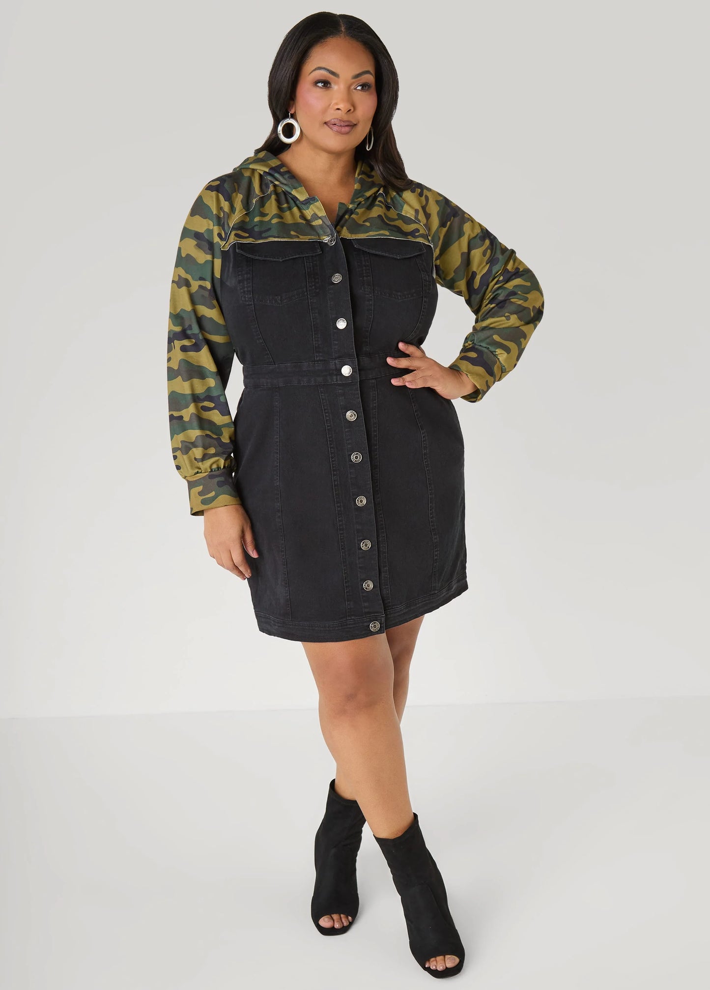 Camo Paneled Denim Bodycon Dress
