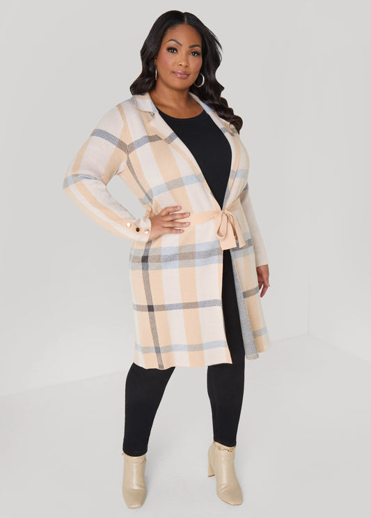 Belted Plaid Cardigan