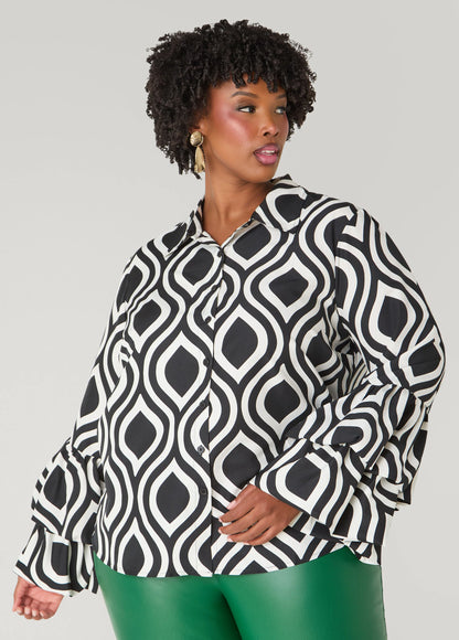 Geo Print Ruffled Sleeve Blouse