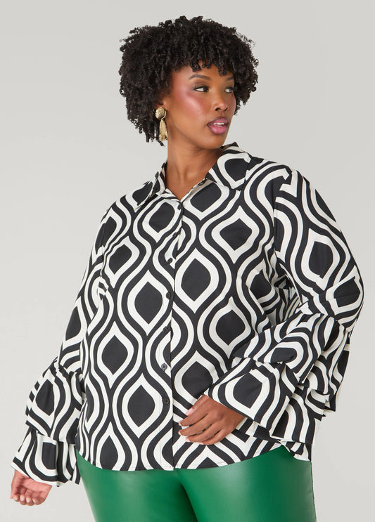 Geo Print Ruffled Sleeve Blouse