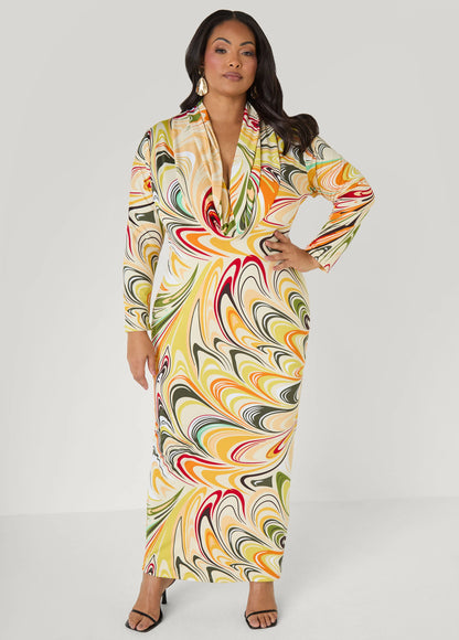 Tall Swirl Print Cowl Neck Maxi Dress