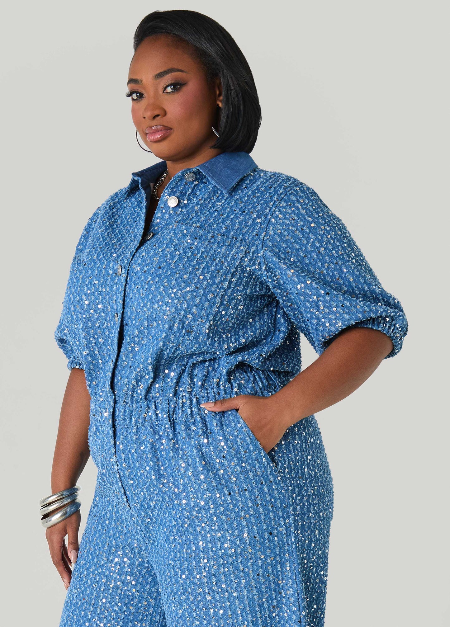 Sequined Denim Wide Leg Jumpsuit