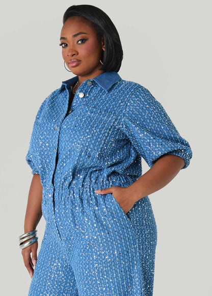 Sequined Denim Wide Leg Jumpsuit