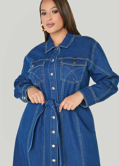 Belted Denim Maxi Shirtdress