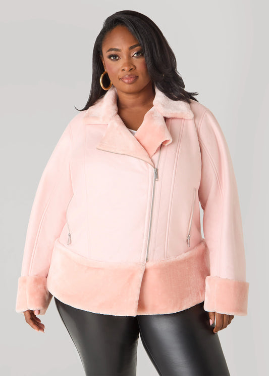 Cuffed Faux Shearling Moto Jacket