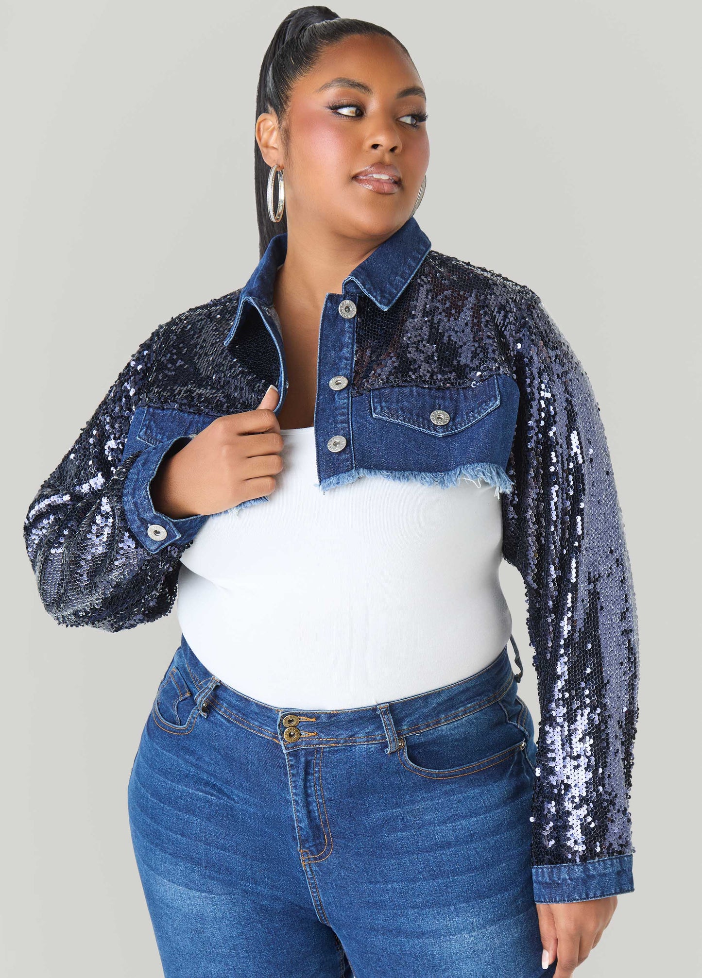 Sequined Cropped Denim Jacket