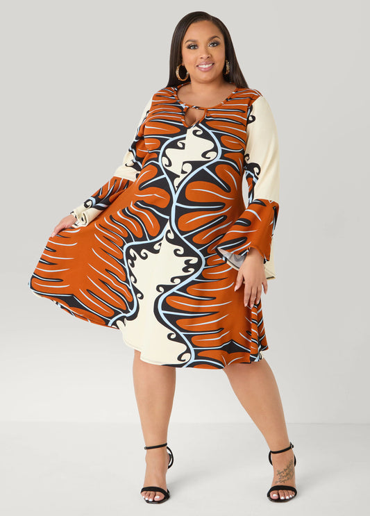Cutout Abstract Print A Line Dress