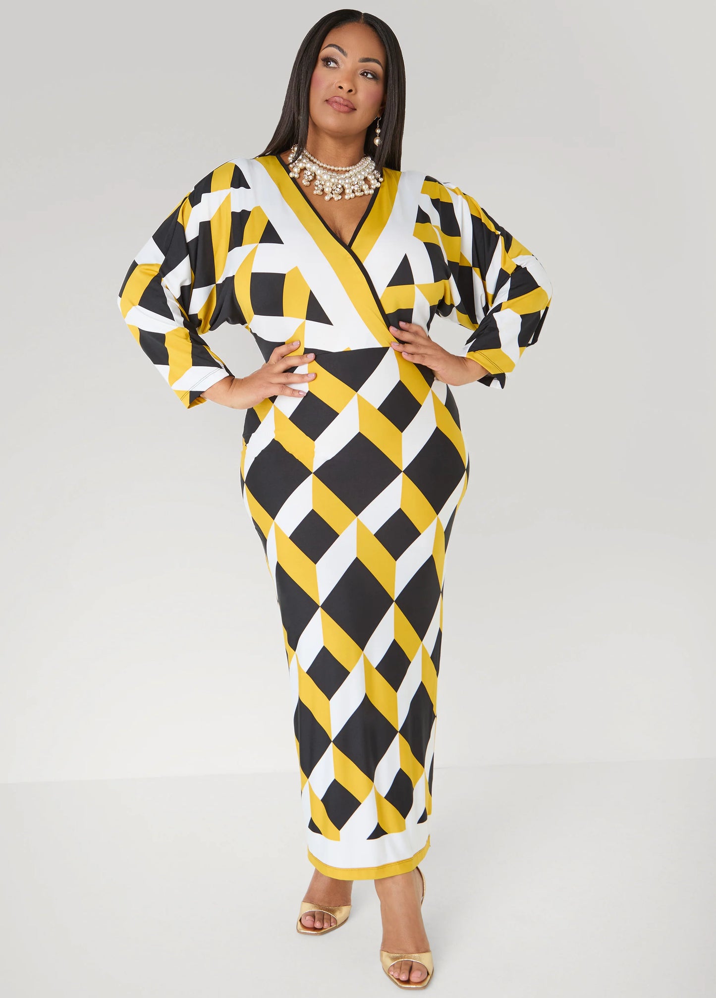 Geo Print Faux Wrap Maxi Dress