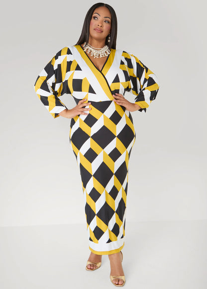 Geo Print Faux Wrap Maxi Dress