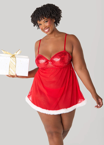 Sequin And Faux Fur Babydoll Set
