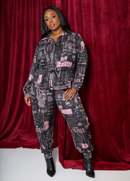 Newspaper Print Drawstring Jacket
