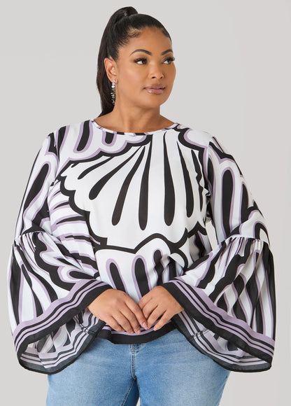 Bell Sleeved Fan Print Blouse