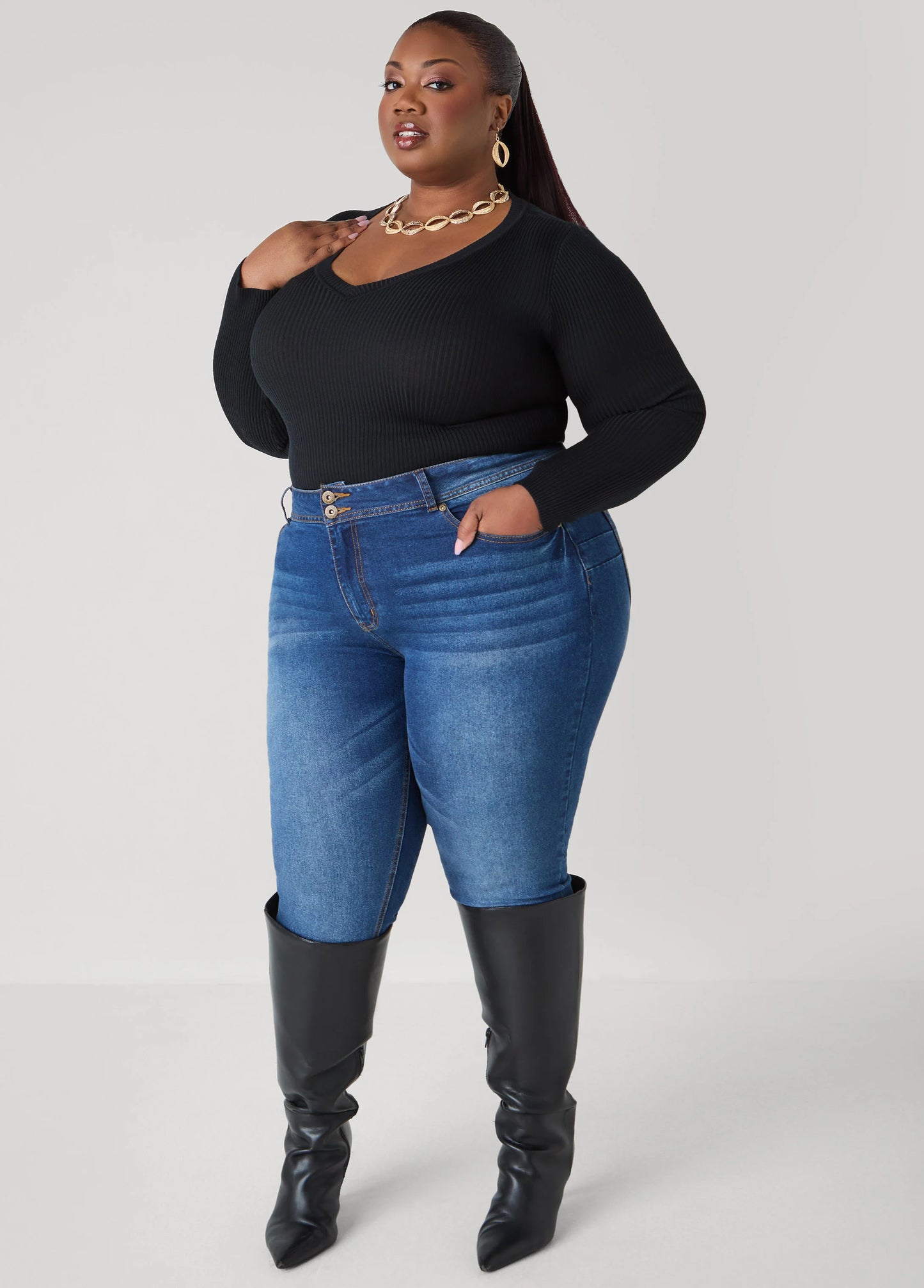 Ribbed Knit V Neck Sweater