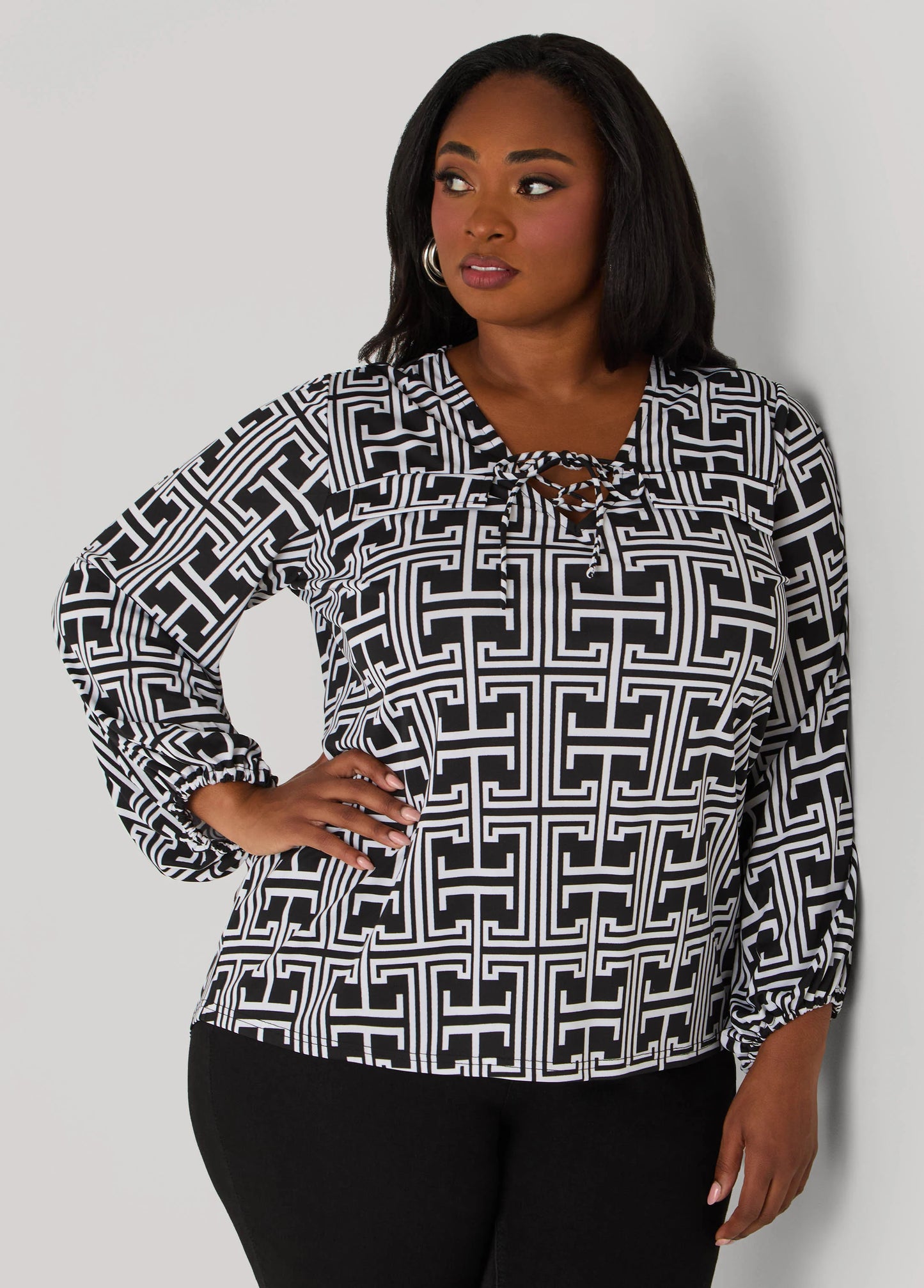 Lace Up Geo Print Top