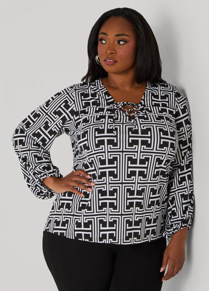 Lace Up Geo Print Top