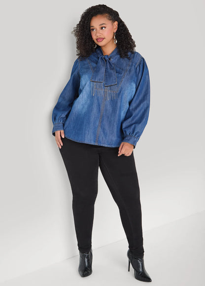 Fringed Tie Neck Denim Blouse