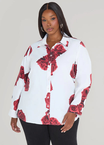 Rose Print Cotton Blend Shirt