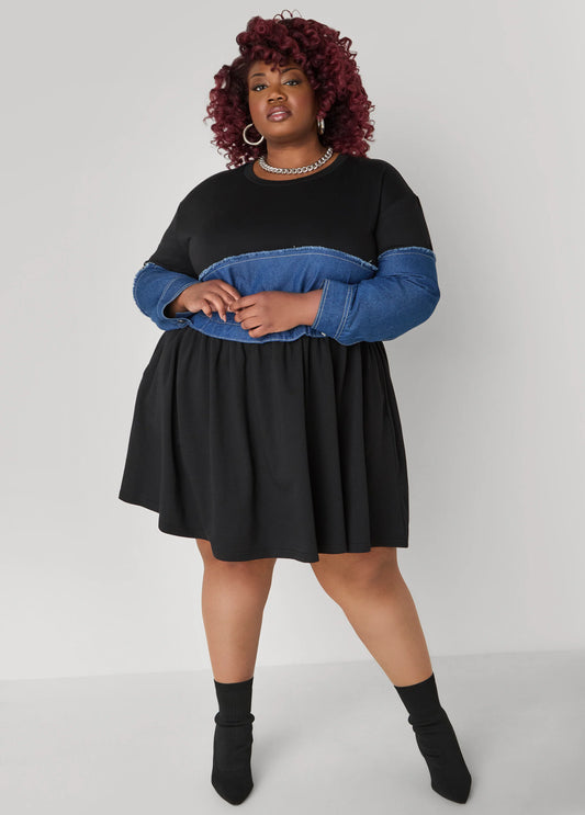 Denim Paneled Terry Dress