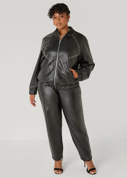 Studded Faux Leather Tapered Pants