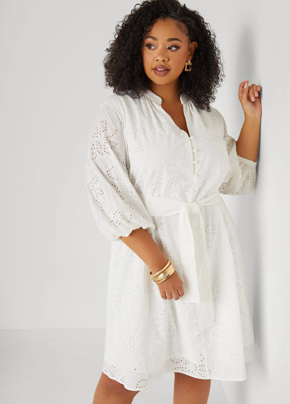 Eyelet Cotton Puff Sleeved Dress