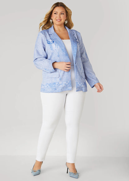 Button Front Denim Print Blazer