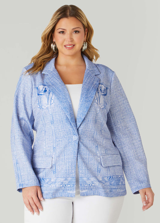 Button Front Denim Print Blazer