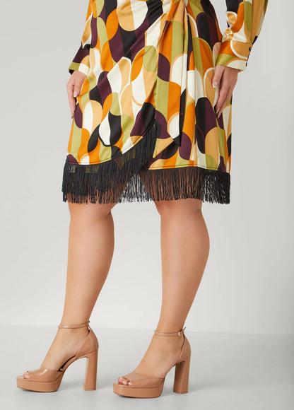 Fringed Printed Satin Wrap Dress
