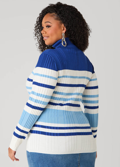 Striped Ribbed Turtleneck Sweater