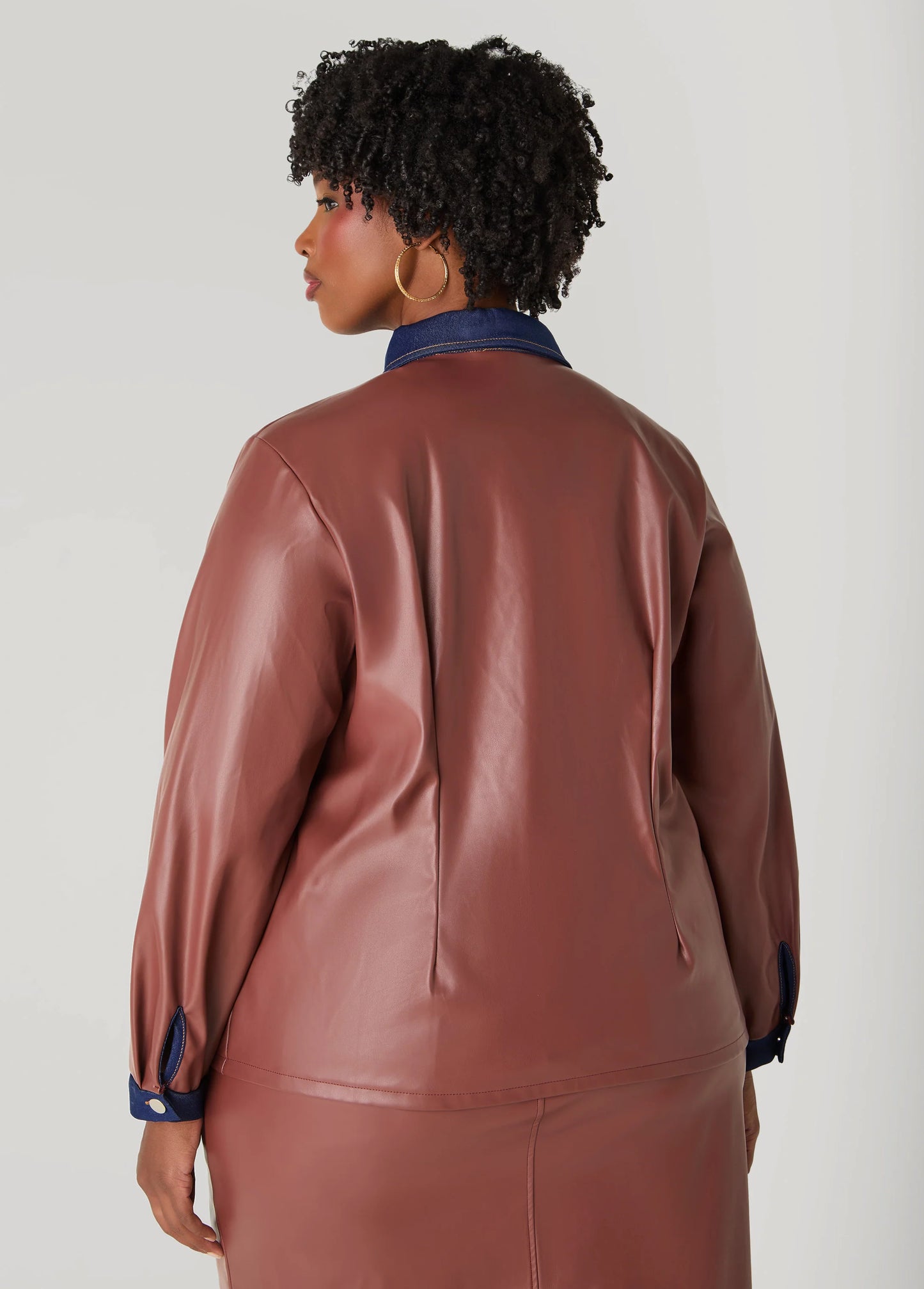 Denim Trimmed Faux Leather Shirt