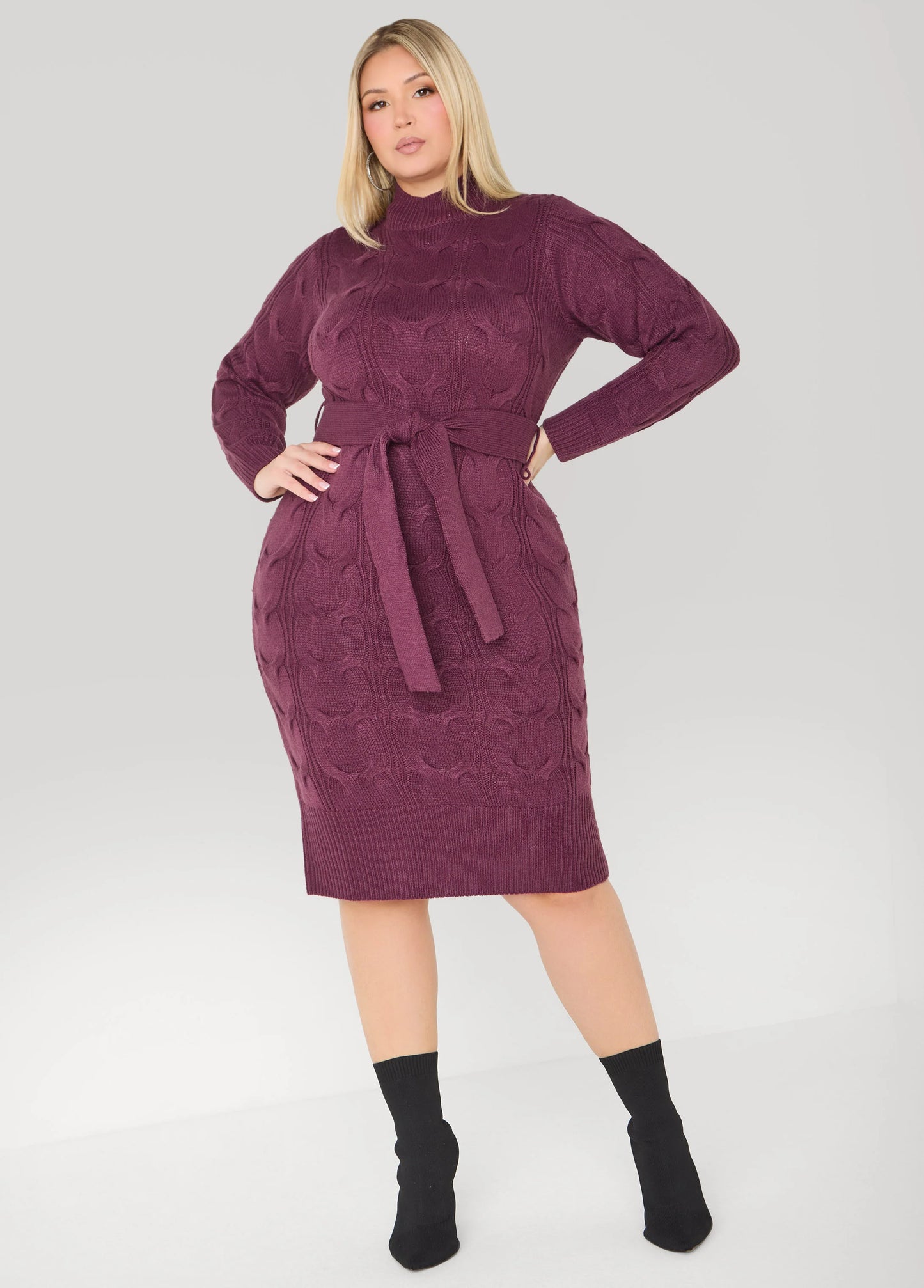 Belted Cable Knit Sweater Dress