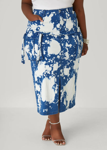 Bleached Denim Maxi Cargo Skirt