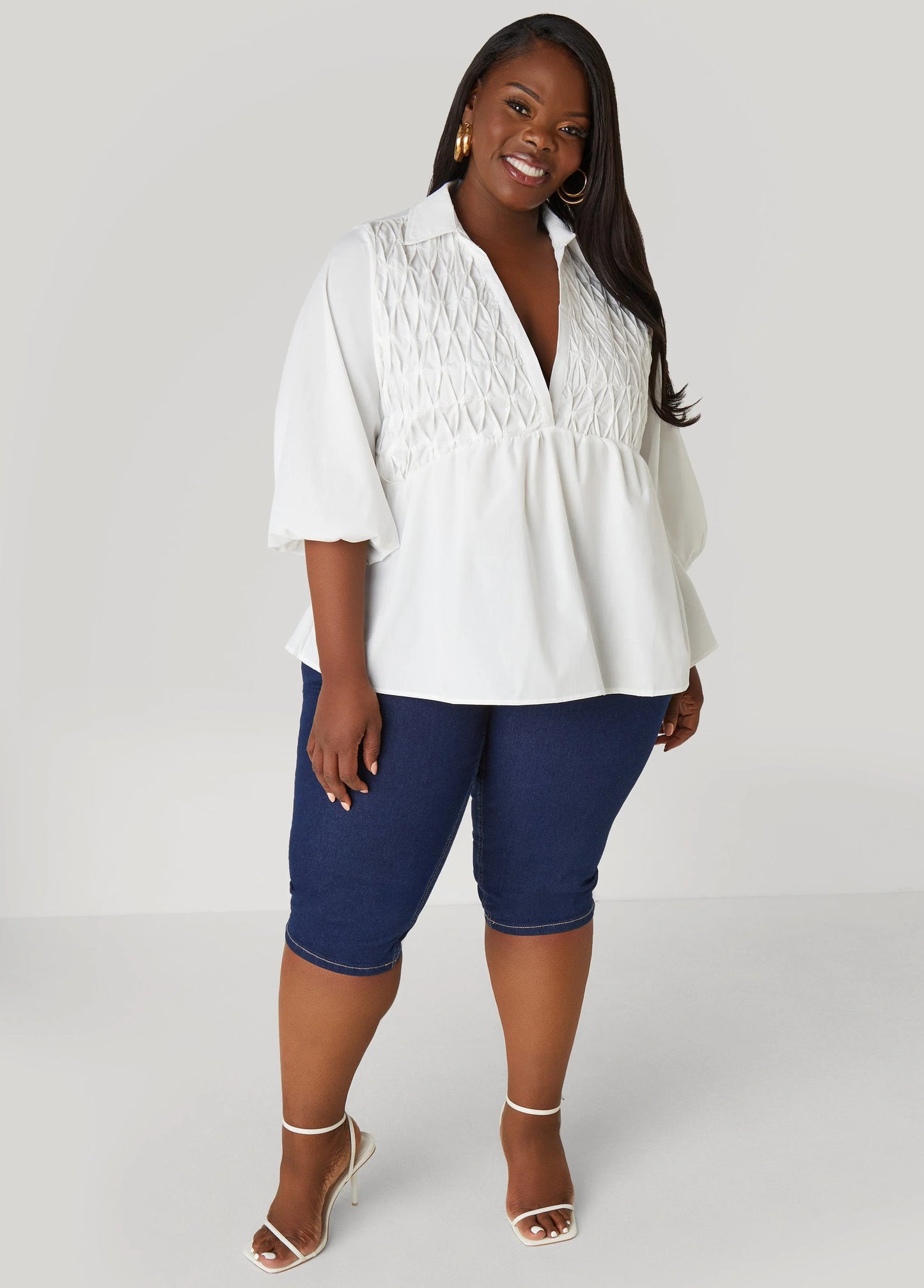 Smocked Cotton Blend Blouse