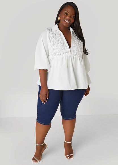 Smocked Cotton Blend Blouse