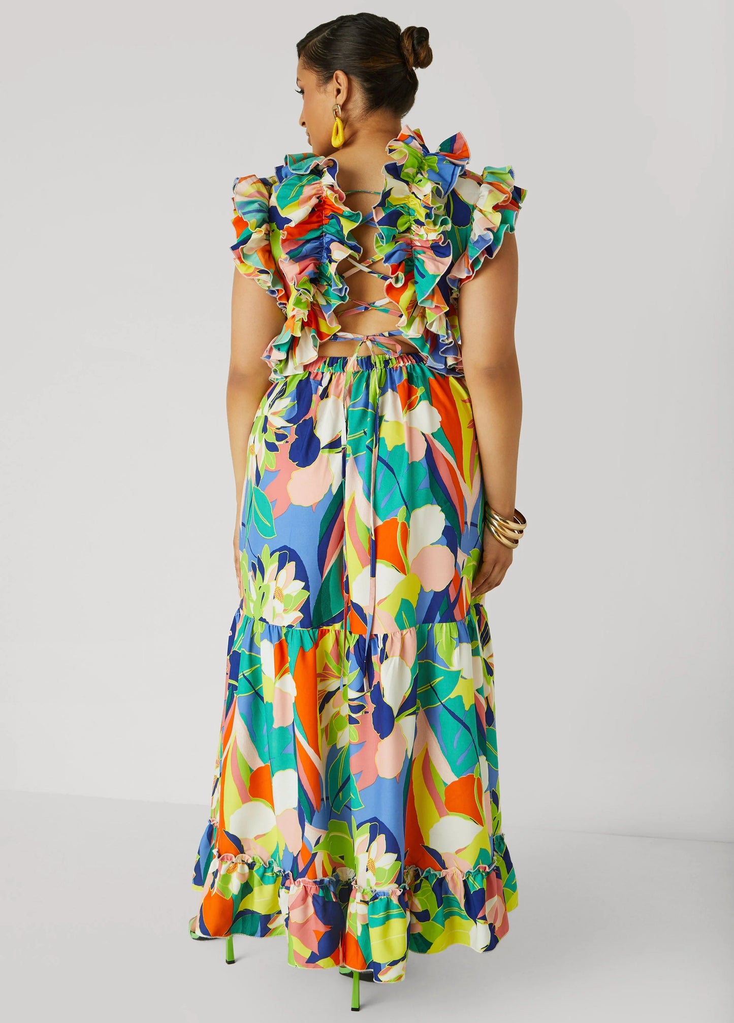 Lace Up Floral Print Maxi Dress