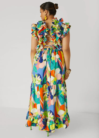 Lace Up Floral Print Maxi Dress