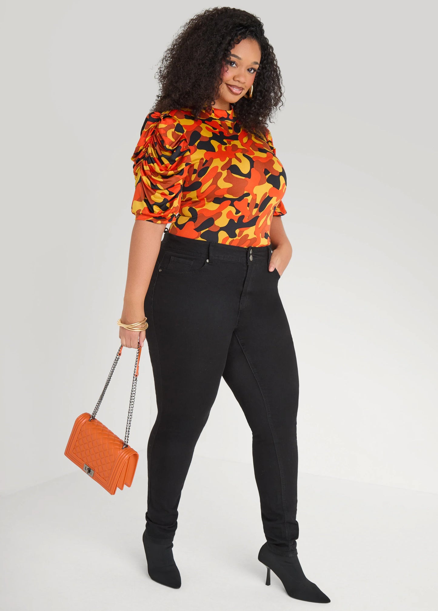 Puff Sleeved Camo Print Top